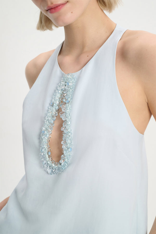 Dorothee Schumacher Linen Blend Shell with Embroidered Cutout in Soft Blue