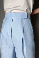 Dorothee Schumacher Wide Leg Linen Blend Pants with Front Pleats in Soft Blue