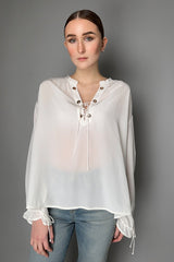 Dorothee Schumacher Sophisticated Volumes Silk Blouse with Laced Neckline in White