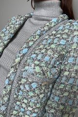 Edward Achour Tweed Midi Jacket in Sky and Mint - Ashia Mode – Vancouver, BC