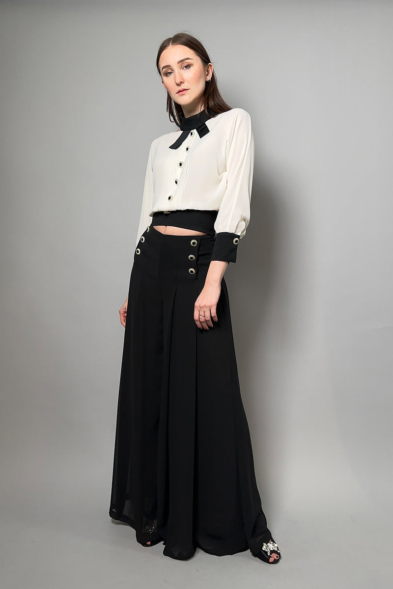 Edward Achour Chiffon Blouse with Cut-Out Detail and Blouson Waist in Black and Ivory - Ashia Mode – Vancouver, BC