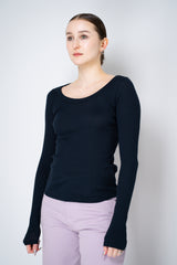 Dorothee Schumacher Cotton SIlk Knit Pullover with Deep Scoop Neck in Navy Vancouver. Shop Online or in Store.