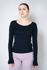 Dorothee Schumacher Cotton SIlk Knit Pullover with Deep Scoop Neck in Navy Vancouver. Shop Online or in Store.