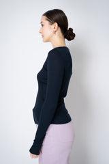 Dorothee Schumacher Cotton SIlk Knit Pullover with Deep Scoop Neck in Navy Vancouver. Shop Online or in Store.