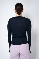 Dorothee Schumacher Cotton SIlk Knit Pullover with Deep Scoop Neck in Navy Vancouver. Shop Online or in Store.