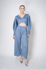 Pleats Please Issey Miyake Rib Pleats December Cropped Bat Sleeves Cardigan in Icy Blue