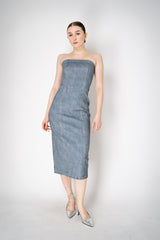 Rag & Bone Miramar Ponte Strapless "Jasmine" Dress in Light Blue Denim Print Vancouver. Shop Online or in Store