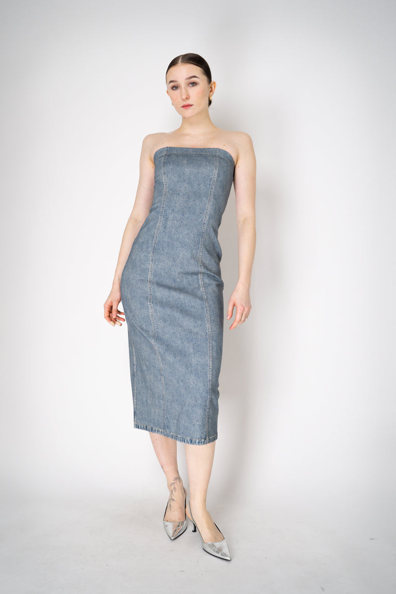 Rag & Bone Miramar Ponte Strapless "Jasmine" Dress in Light Blue Denim Print Vancouver. Shop Online or in Store