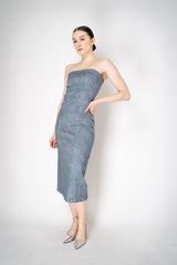 Rag & Bone Miramar Ponte Strapless "Jasmine" Dress in Light Blue Denim Print Vancouver. Shop Online or in Store