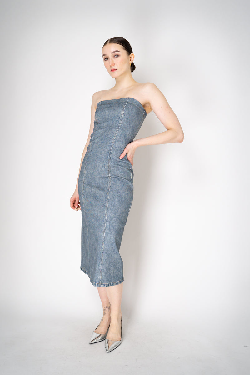 Rag & Bone Miramar Ponte Strapless "Jasmine" Dress in Light Blue Denim Print Vancouver. Shop Online or in Store