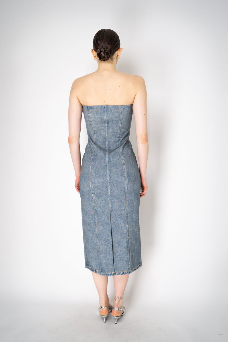 Rag & Bone Miramar Ponte Strapless "Jasmine" Dress in Light Blue Denim Print Vancouver. Shop Online or in Store