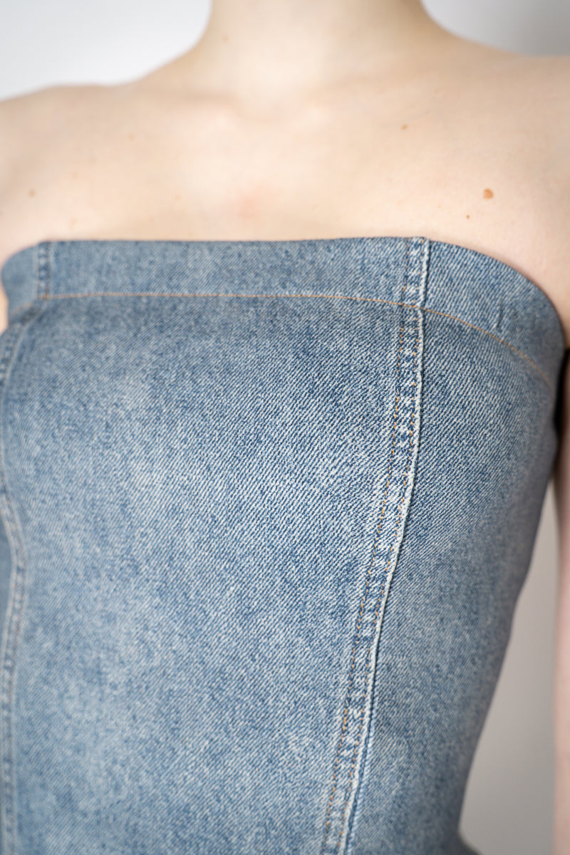 Rag & Bone Miramar Ponte Strapless "Jasmine" Dress in Light Blue Denim Print Vancouver. Shop Online or in Store