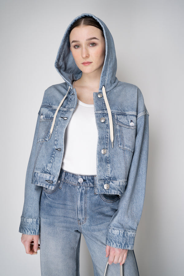 Rag & Bone Miramar Cropped Terry Cloth Trucker Hoodie in Light Blue Denim Print Vancouver. Shop Online or in Store