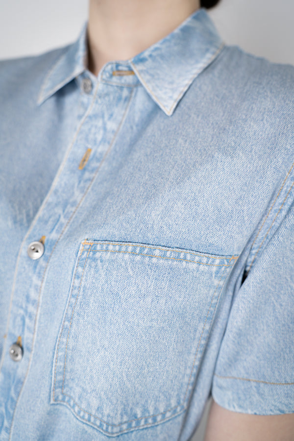 Rag & Bone Miramar Satin Shirt Dress in Light Blue Denim Print Vancouver. Shop Online or in Store