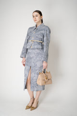 Lorena Antoniazzi Chambray Floral Brocade Slit Pencil Skirt in Denim Blue Vancouver. Shop Online or in Store.