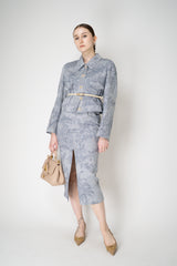 Lorena Antoniazzi Chambray Floral Brocade Cropped Cotton Jacket in Denim Blue Vancouver. Shop Online or in Store.