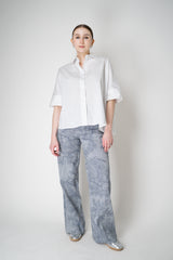 Lorena Antoniazzi Floral Brocade Straight Wide Leg Chambray Trousers in Denim Blue Vancouver. Shop Online or in Store.