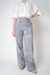 Lorena Antoniazzi Floral Brocade Straight Wide Leg Chambray Trousers in Denim Blue Vancouver. Shop Online or in Store.