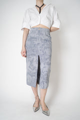 Lorena Antoniazzi Chambray Floral Brocade Slit Pencil Skirt in Denim Blue Vancouver. Shop Online or in Store.