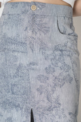 Lorena Antoniazzi Chambray Floral Brocade Slit Pencil Skirt in Denim Blue Vancouver. Shop Online or in Store.