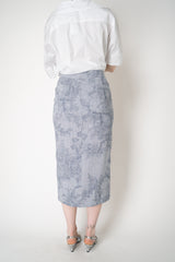 Lorena Antoniazzi Chambray Floral Brocade Slit Pencil Skirt in Denim Blue Vancouver. Shop Online or in Store.