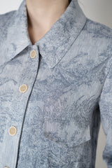 Lorena Antoniazzi Chambray Floral Brocade Cropped Cotton Jacket in Denim Blue Vancouver. Shop Online or in Store.