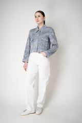 Lorena Antoniazzi Chambray Floral Brocade Cropped Cotton Jacket in Denim Blue Vancouver. Shop Online or in Store.