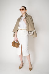 Lorena Antoniazzi Cropped Peplum Trench Jacket t with Zip-Detachable Chest Piece in Camel Vancouver. Shop Online or in Store.