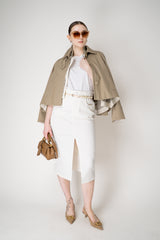 Lorena Antoniazzi Cropped Peplum Trench Jacket t with Zip-Detachable Chest Piece in Camel Vancouver. Shop Online or in Store.