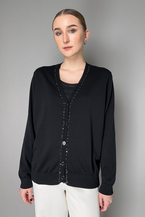 Fabiana Filippi Knitted Cotton Cardigan with Sequin Trim in Black