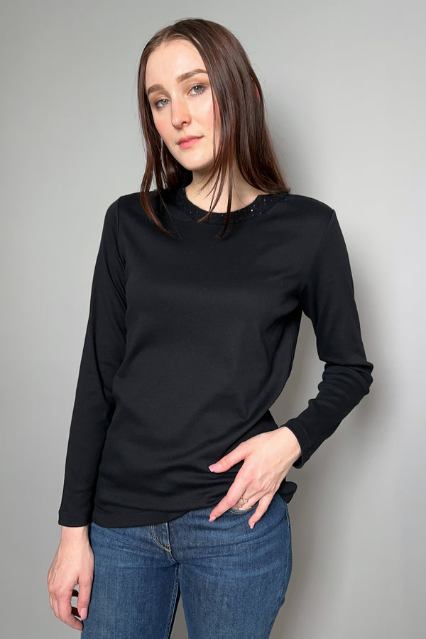 Fabiana Filippi Ribbed Jersey Top with Sequin Knit Collar in Black