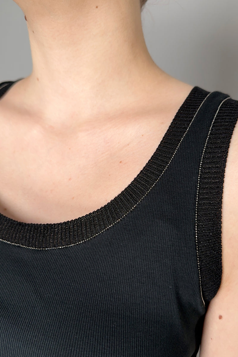 Fabiana Filippi Cotton Jersey Tank Top with Brilliant Knit Collar in Black