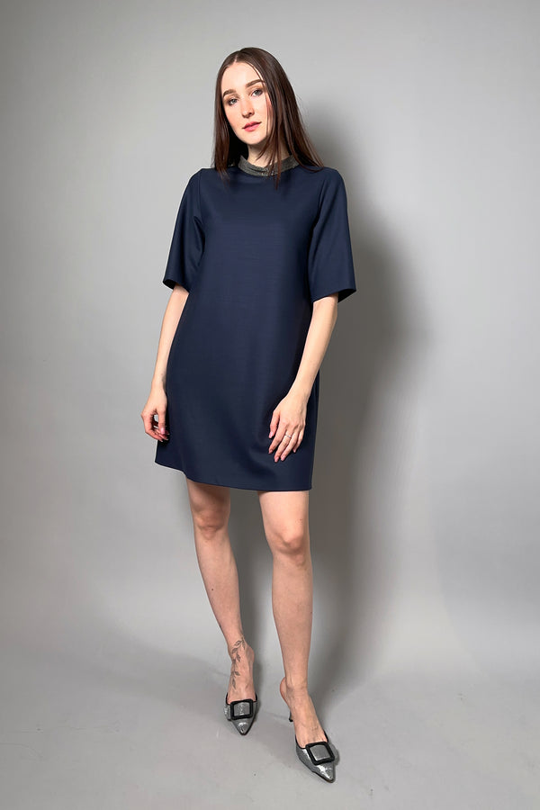 Fabiana Filippi A-Line Scuba Dress with Brilliant Collar in Navy