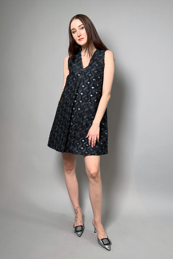 Fabiana Filippi V-Neck Jacquard Lurex Dress in Navy and Grey