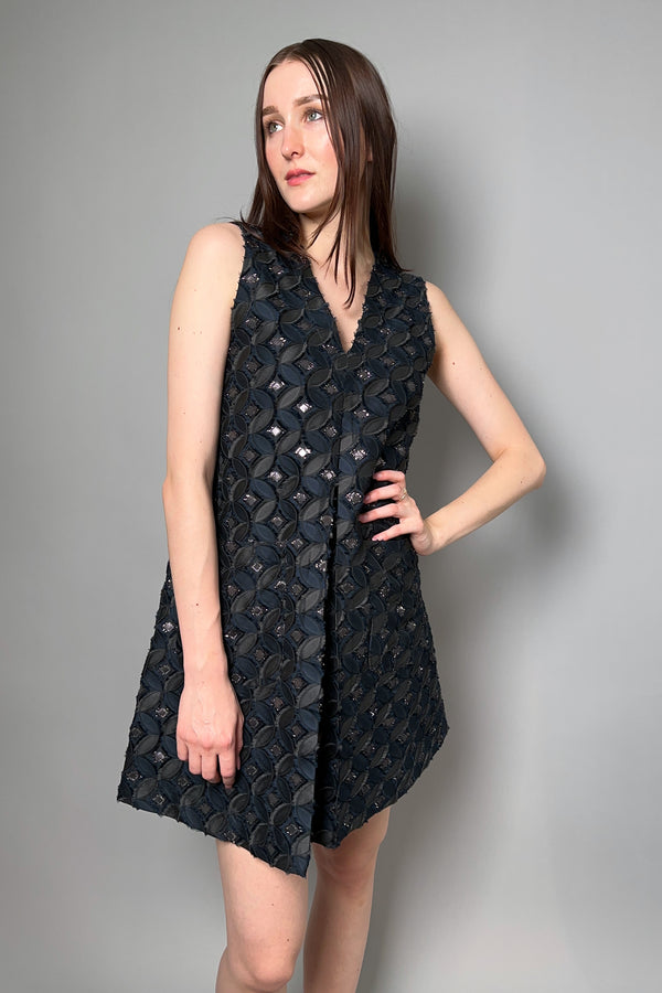Fabiana Filippi V-Neck Jacquard Lurex Dress in Navy and Grey