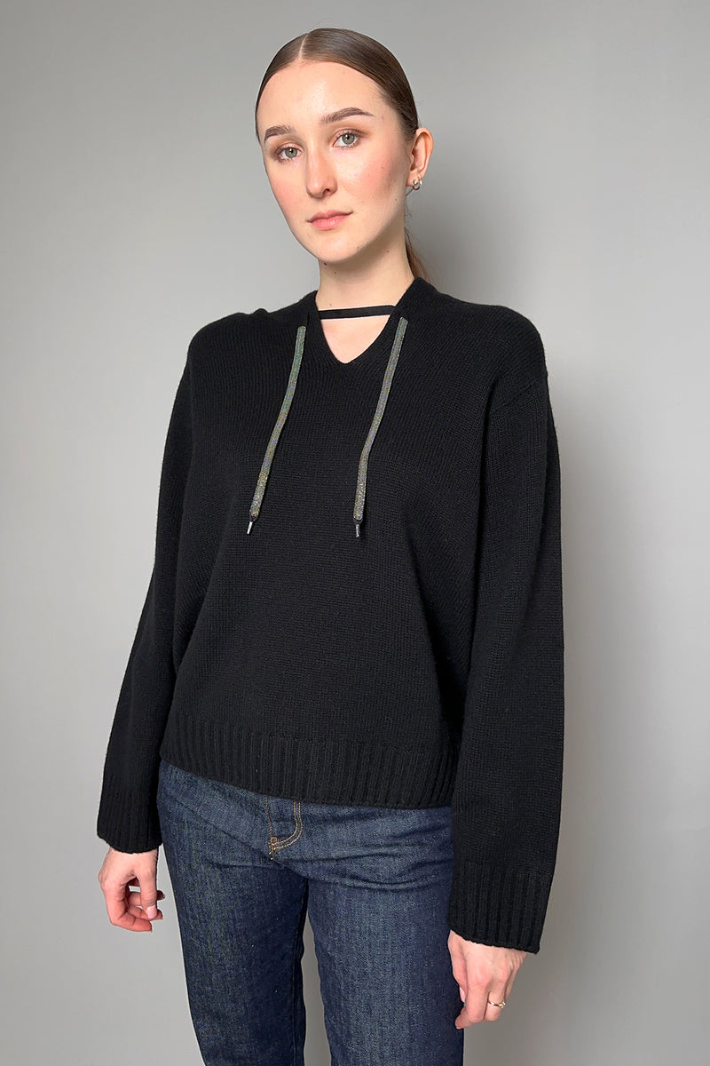 Fabiana Filippi Hooded Sweater with Brilliant Drawstring in Black- Ashia Mode- Vancouver, BC