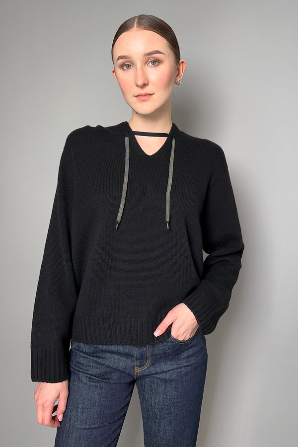 Fabiana Filippi Hooded Sweater with Brilliant Drawstring in Black- Ashia Mode- Vancouver, BC