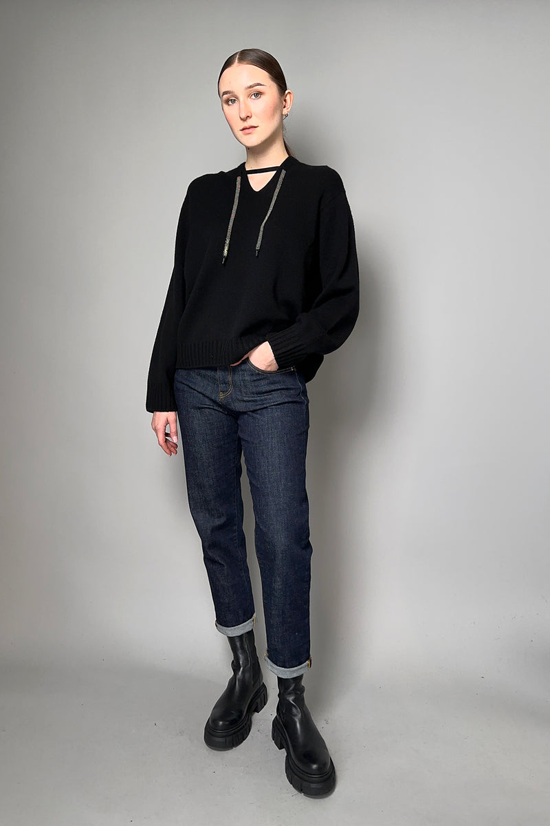 Fabiana Filippi Hooded Sweater with Brilliant Drawstring in Black- Ashia Mode- Vancouver, BC
