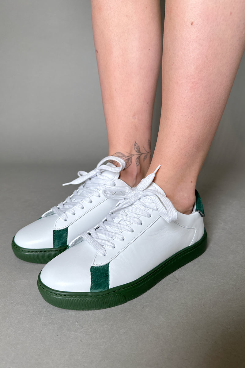 Fabiana Filippi Sneakers with Brilliant Beading in White and Hunter Green
