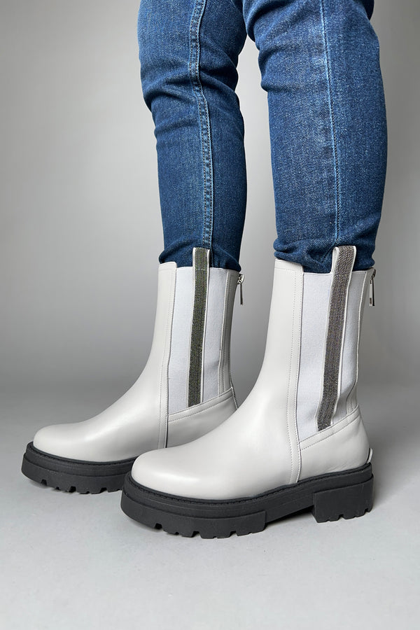 Fabiana Filippi Leather Combat Boots with Brilliant Beading in Light Grey Vancouver. Shop Online or in Store.