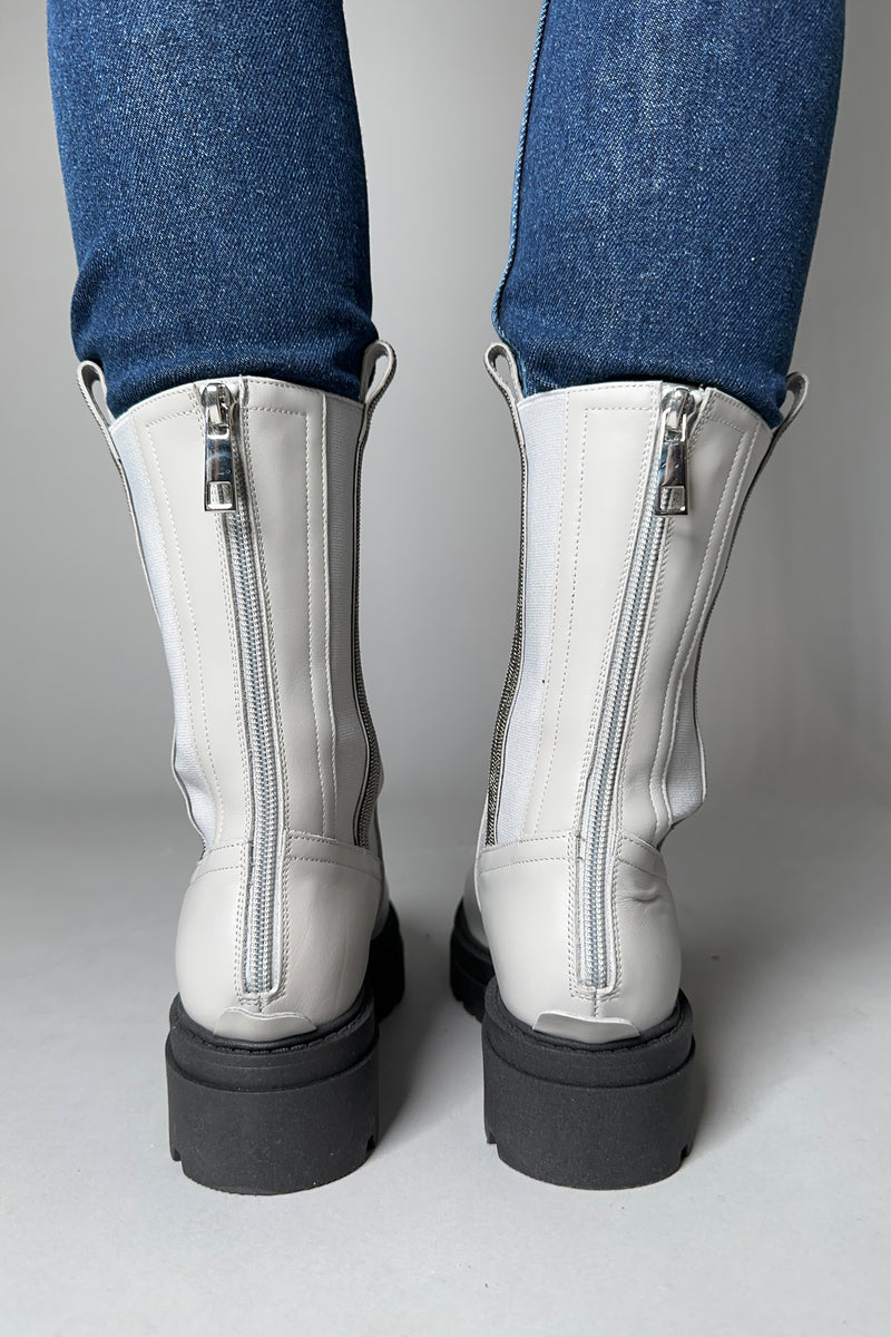 Fabiana Filippi Leather Combat Boots with Brilliant Beading in Light Grey