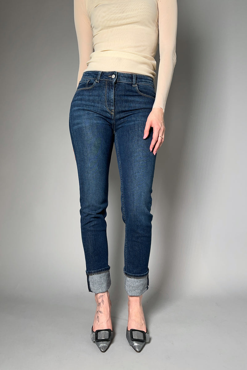 Fabiana Filippi Dark Stone Wash Jeans with Upturned Cuff and Brilliant Beading Detail