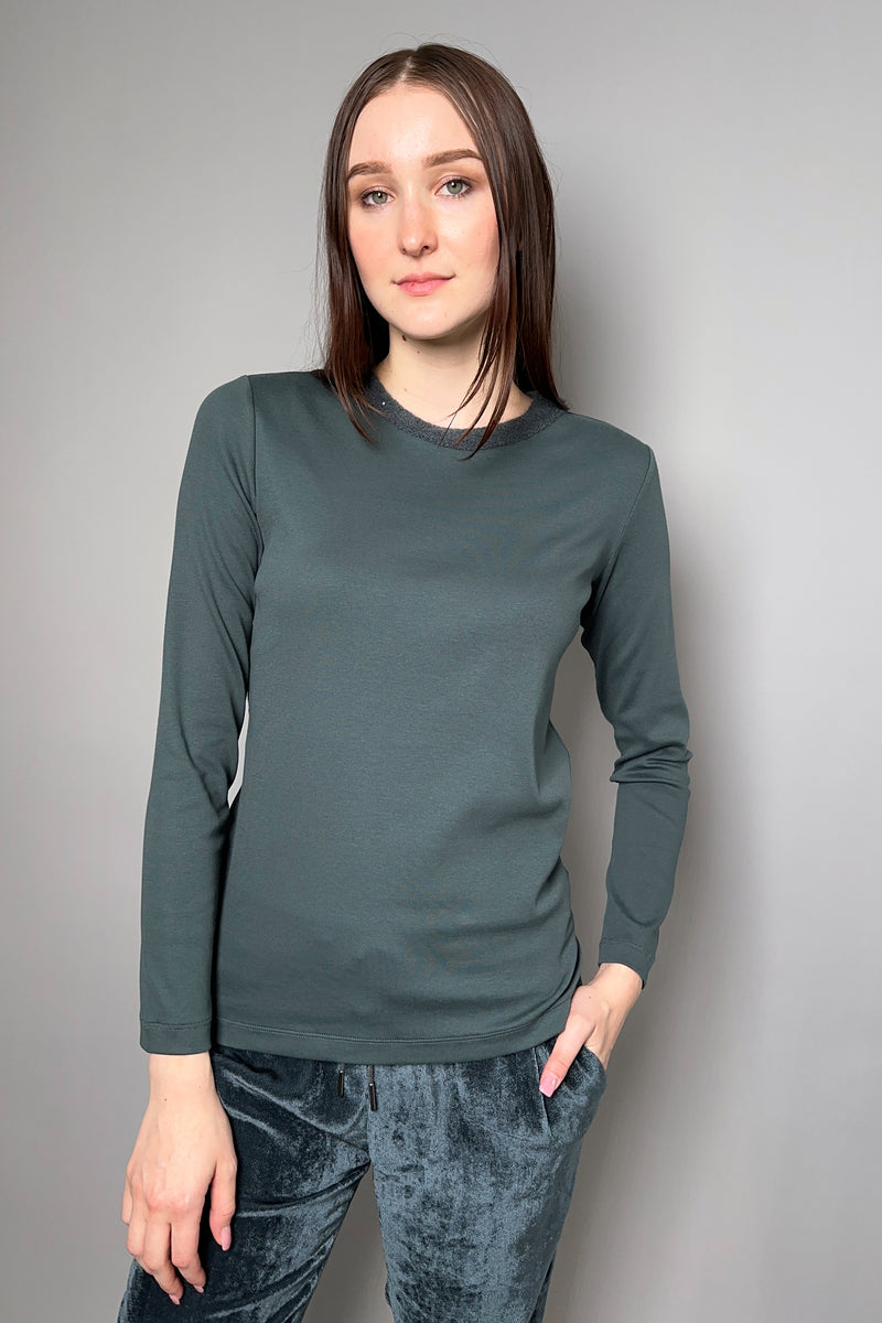 Fabiana Filippi Ribbed Jersey Top with Sequin Knit Collar in Dark Teal
