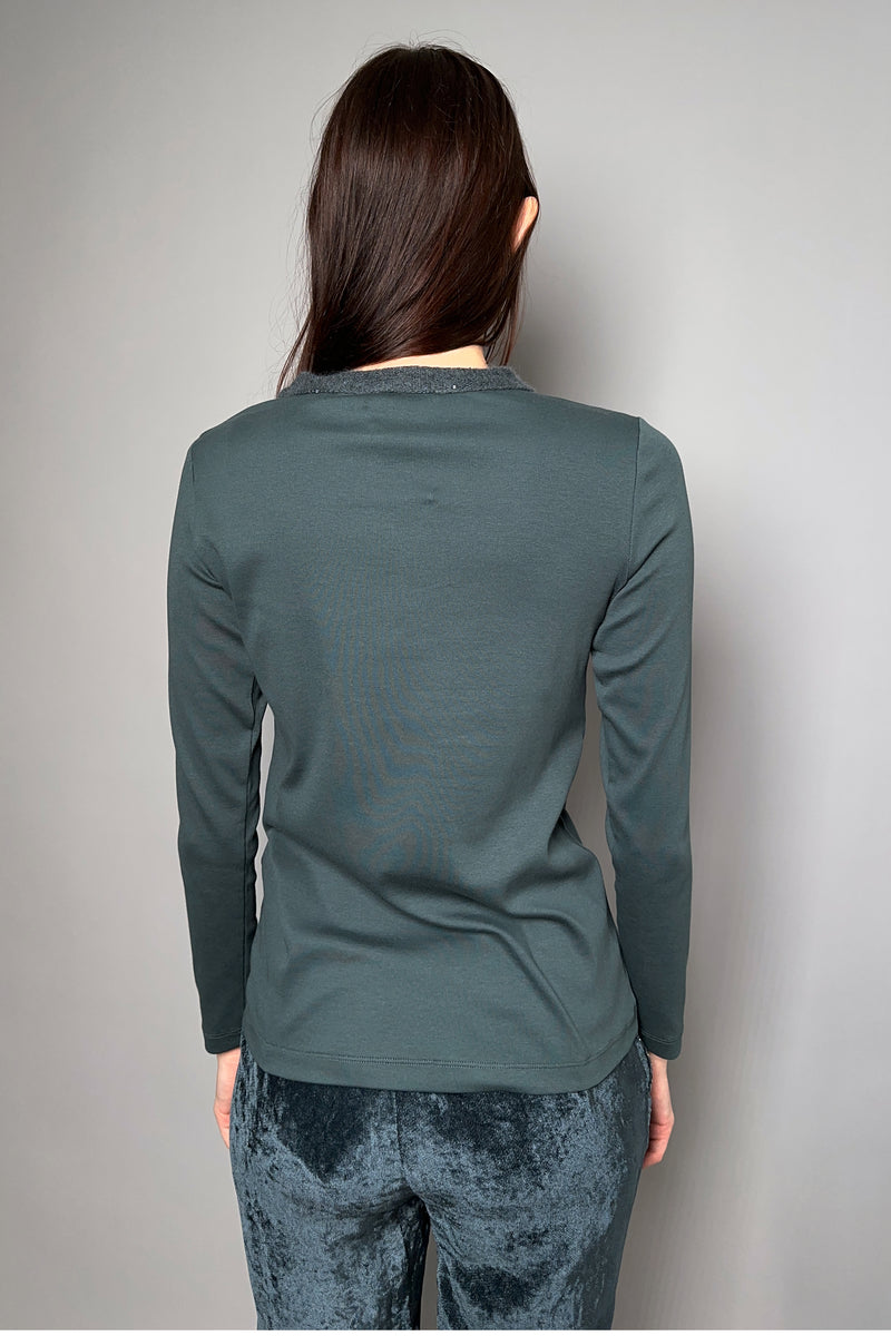 Fabiana Filippi Ribbed Jersey Top with Sequin Knit Collar in Dark Teal