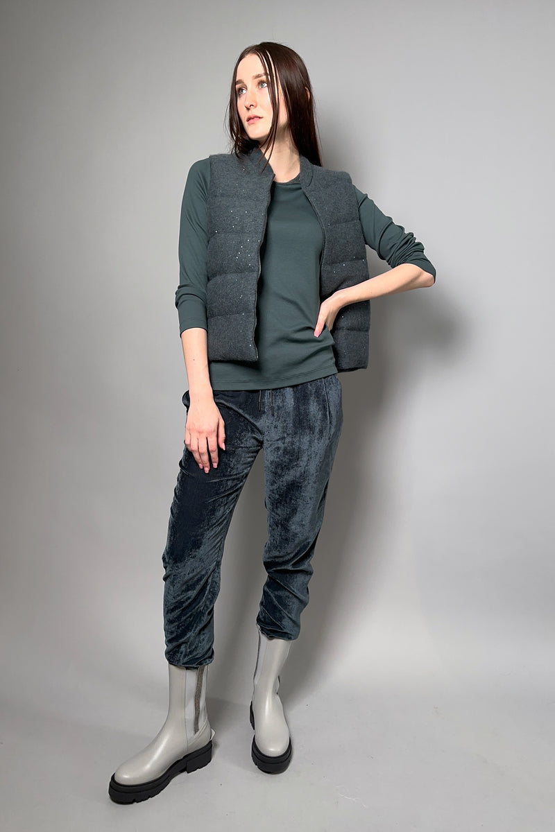 Fabiana Filippi Ribbed Jersey Top with Sequin Knit Collar in Dark Teal
