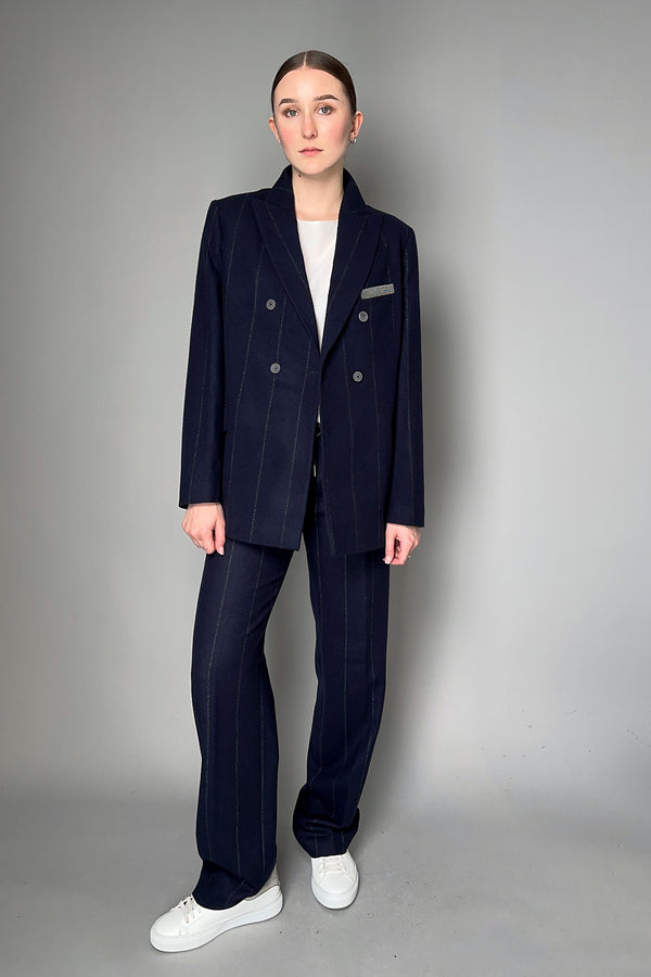 Fabiana Filippi Merino Wool Pinstripe Flannel Trousers in Navy- Ashia Mode- Vancouver, BC