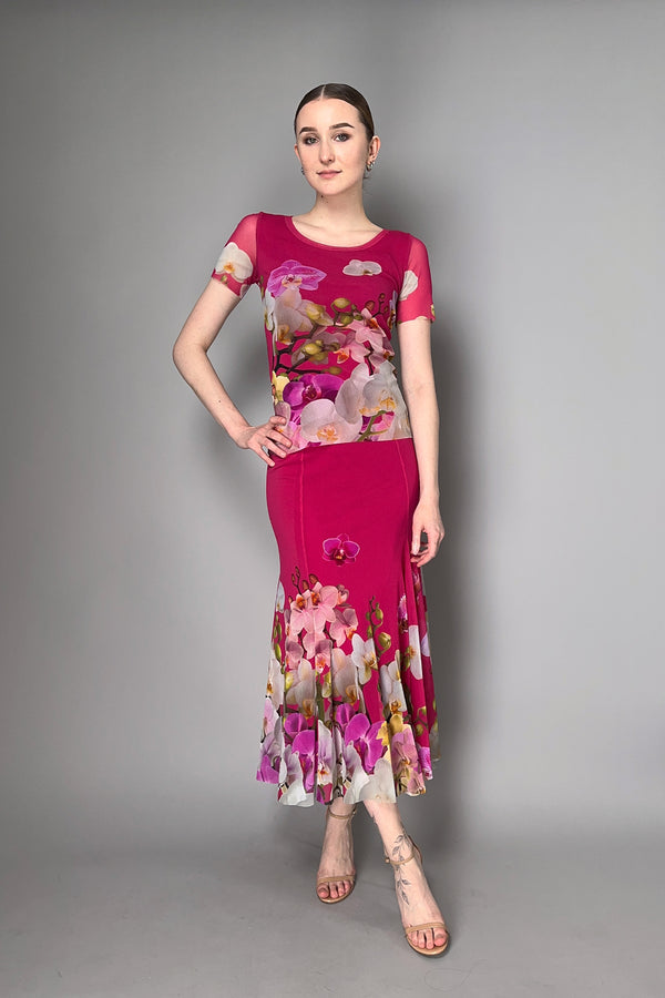 Fuzzi Blooming Florals Flared Tulle Skirt in Fuchsia