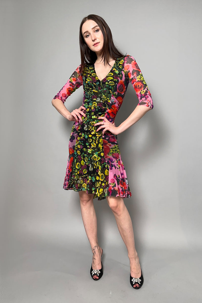 Fuzzi Ruched Floral Tulle Dress in Yellow and Pink - Ashia Mode - Vancouver, BC
