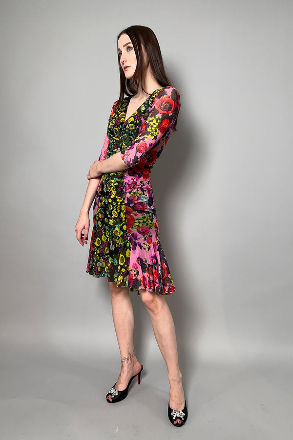 Fuzzi Ruched Floral Tulle Dress in Yellow and Pink - Ashia Mode - Vancouver, BC