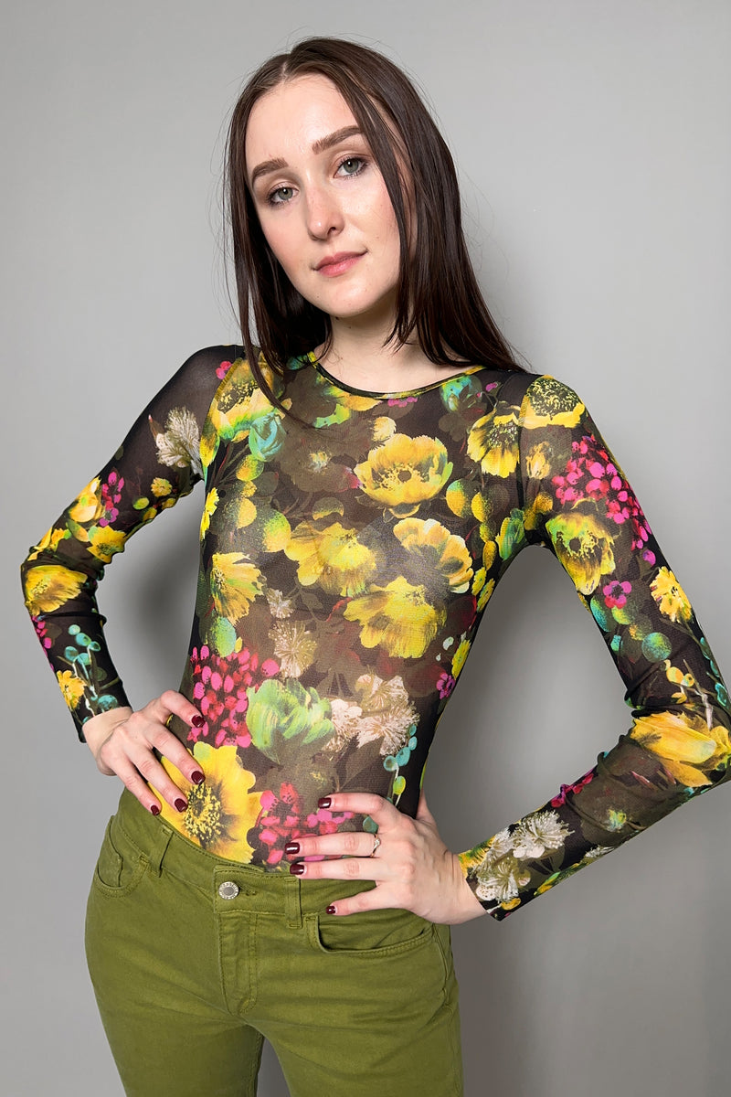 Fuzzi Floral Stretch Tulle Bodysuit in Yellow and Green Flowers - Ashia Mode - Vancouver, BC